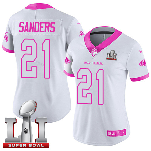 Nike Falcons #21 Deion Sanders White/Pink Super Bowl LI 51 Women's Stitched NFL Limited Rush Fashion Jersey - Click Image to Close